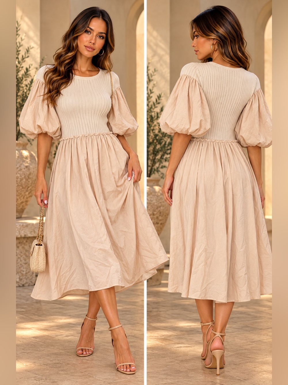 Sofie the Label Mixed Media Ribbed Knit Puff Sleeve Midi Dress Tan Beige Cream